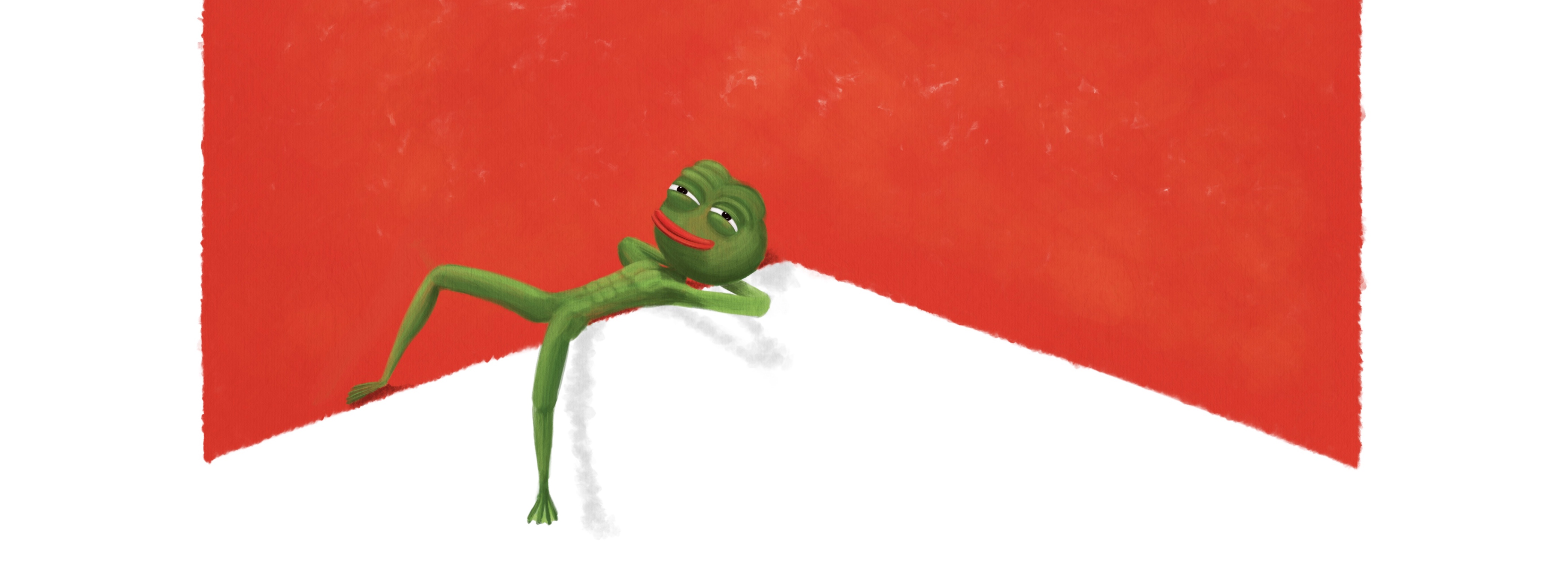 Pepe lies on a red and white chevron roof, eyes half closed, as flames rise from the word MUSE
